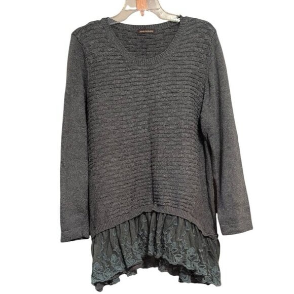 John Fashion Sweater Gray Lace Ruffles Full Sleeve Top Layered bottom Ruffle - Picture 1 of 6